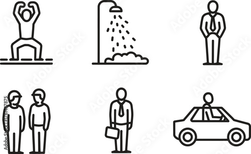 Collection of simple line art icons representing daily activities and professions