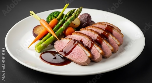 a plate of sliced duck breast with sauce, served with asparagus, carrots, and other vegetables. The dish is presented on a white plate against a black background
