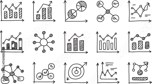 Collection of hand drawn business and data analysis charts and graphs