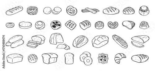 Bread different types hand drawn doodle outline icon set. Bread engraving, line art. Wheat products, baked goods, bakery
