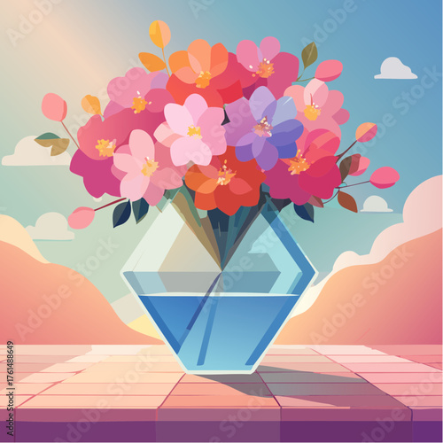 crystal glass vase with vibrant blooming flowers, vibrant vector illustration