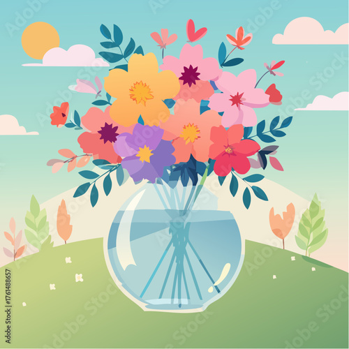 crystal glass vase with vibrant blooming flowers, vibrant vector illustration