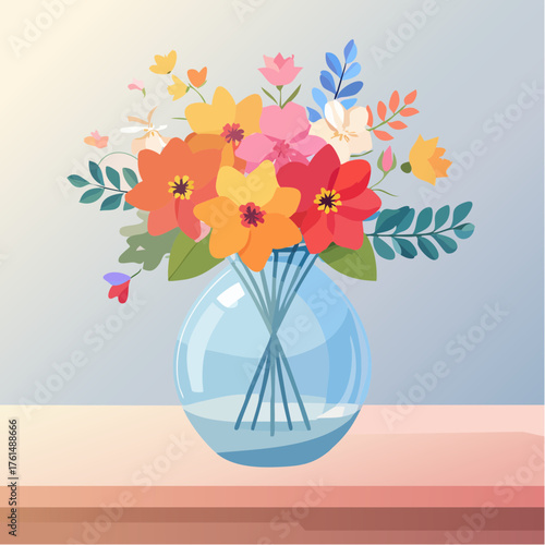 crystal glass vase with vibrant blooming flowers, vibrant vector illustration