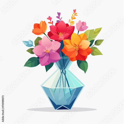 crystal glass vase with vibrant blooming flowers, vibrant vector illustration