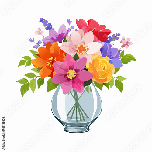 crystal glass vase with vibrant blooming flowers, vibrant vector illustration