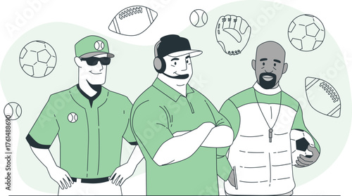 Diverse Sports Coaches and Athletic Equipment Illustration Keywords: sports, coaching, team, athletes, baseball, football, soccer, basketball, coach, trainer, equipment, gear, sportsmanship