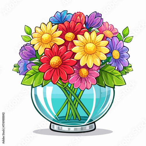 crystal glass vase with vibrant blooming flowers, vibrant vector illustration