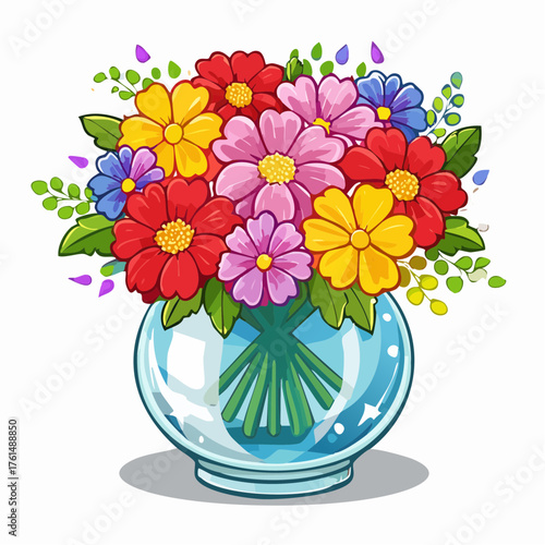 crystal glass vase with vibrant blooming flowers, vibrant vector illustration