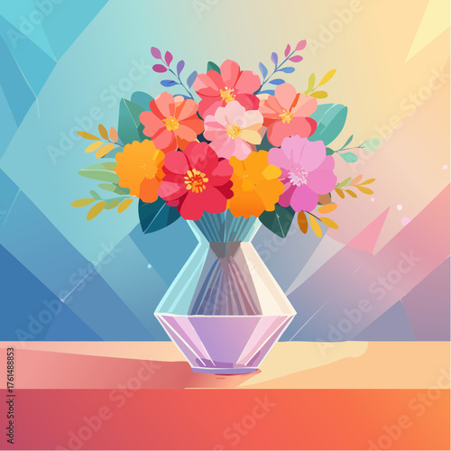 crystal glass vase with vibrant blooming flowers, vibrant vector illustration