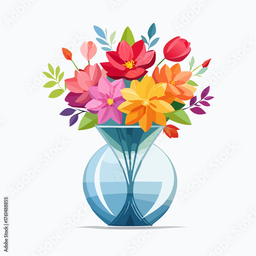 crystal glass vase with vibrant blooming flowers, vibrant vector illustration