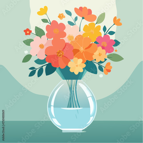 crystal glass vase with vibrant blooming flowers, vibrant vector illustration