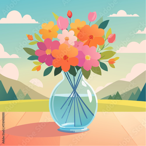 crystal glass vase with vibrant blooming flowers, vibrant vector illustration