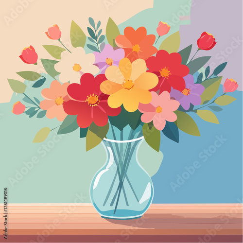 crystal glass vase with vibrant blooming flowers, vibrant vector illustration
