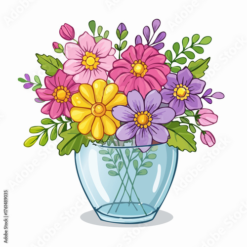 crystal glass vase with vibrant blooming flowers, vibrant vector illustration