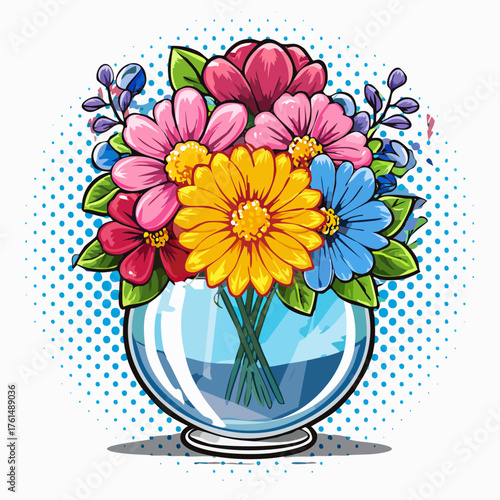 crystal glass vase with vibrant blooming flowers, vibrant vector illustration