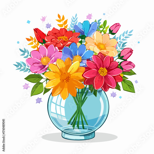 crystal glass vase with vibrant blooming flowers, vibrant vector illustration