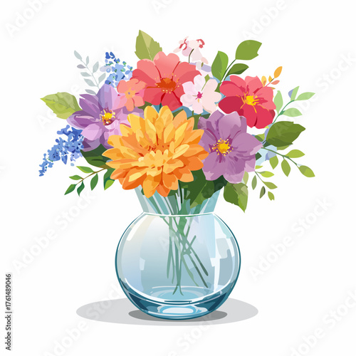crystal glass vase with vibrant blooming flowers, vibrant vector illustration