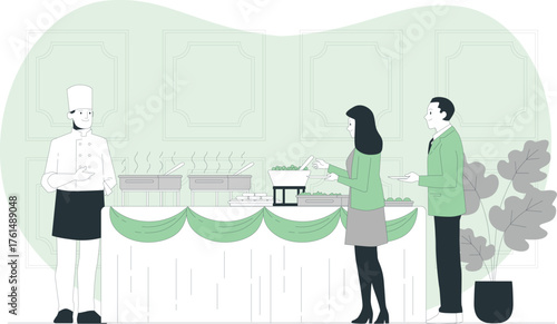 Chef Serving Food at Buffet Table with Guests catering food service