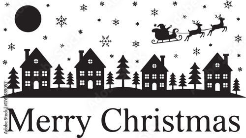 Santa in a reindeer sleigh in the sky. Winter christmas background with moon, houses, santa and snowfall. Black drawings on a white background.Merry Christmas and Happy New Year. Vector