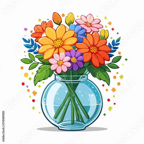 crystal glass vase with vibrant blooming flowers, vibrant vector illustration