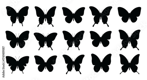 A collection of fifteen black butterfly silhouettes arranged in three rows.