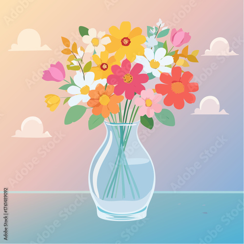crystal glass vase with vibrant blooming flowers, vibrant vector illustration