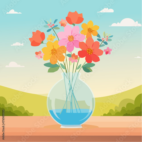 crystal glass vase with vibrant blooming flowers, vibrant vector illustration