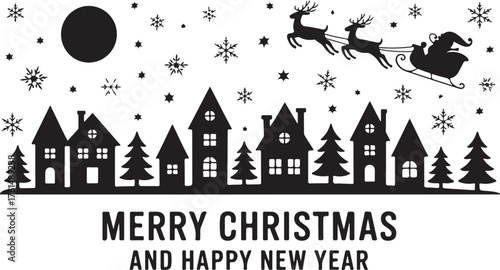 Santa in a reindeer sleigh in the sky. Winter christmas background with moon, houses, santa and snowfall. Black drawings on a white background.Merry Christmas and Happy New Year. Vector