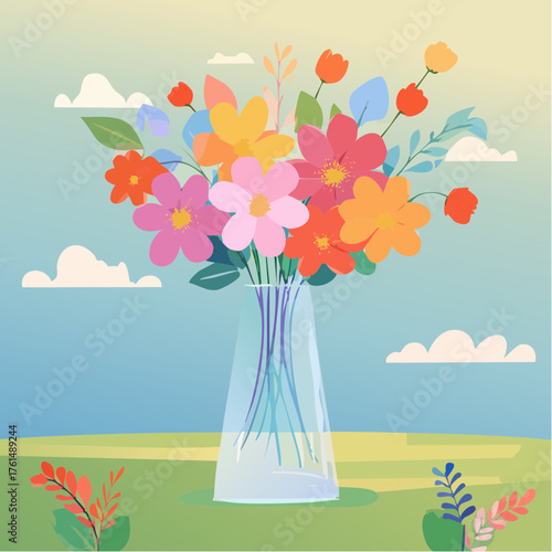 crystal glass vase with vibrant blooming flowers, vibrant vector illustration