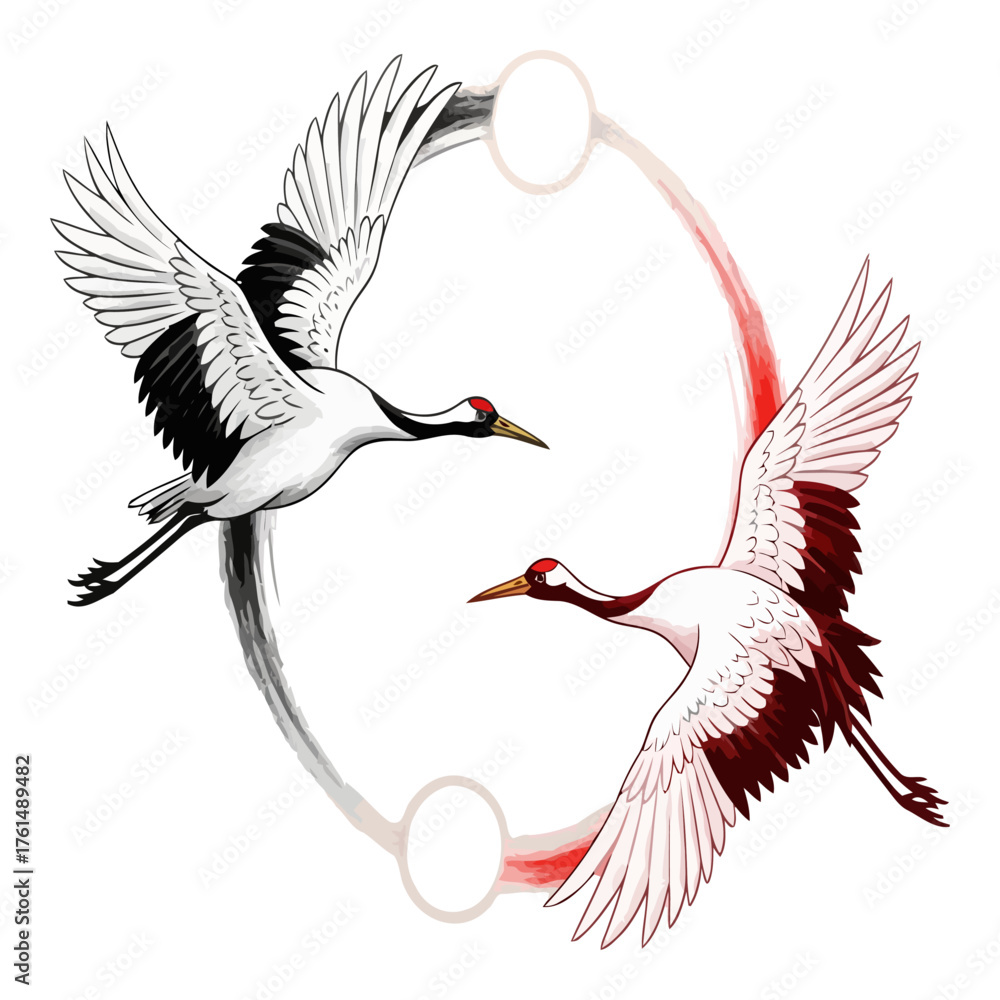 Obraz premium Flying cranes duo in circular harmony illustration, circular flight design yin yang design.