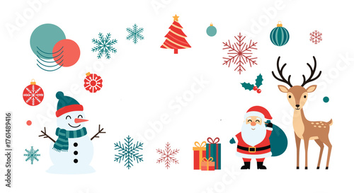 Celebrate the joyous holiday season with festive decorations and cheerful characters like santa claus and a snowman.
