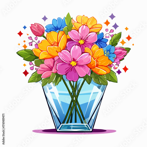 crystal glass vase with vibrant blooming flowers, vibrant vector illustration