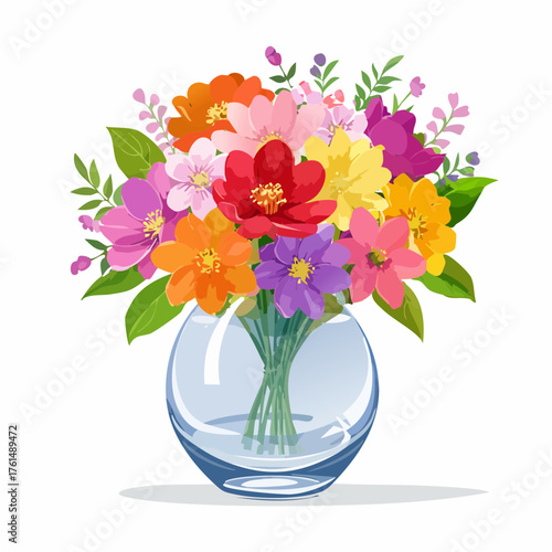crystal glass vase with vibrant blooming flowers, vibrant vector illustration