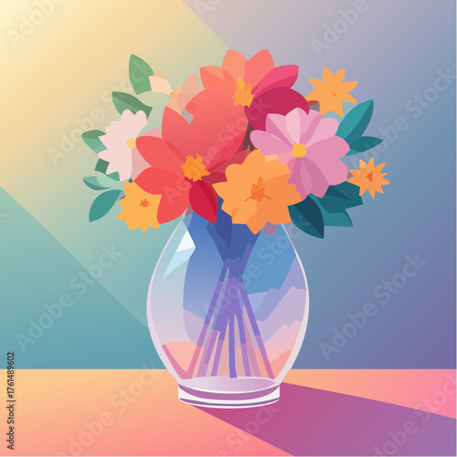 crystal glass vase with vibrant blooming flowers, vibrant vector illustration