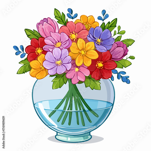 crystal glass vase with vibrant blooming flowers, vibrant vector illustration