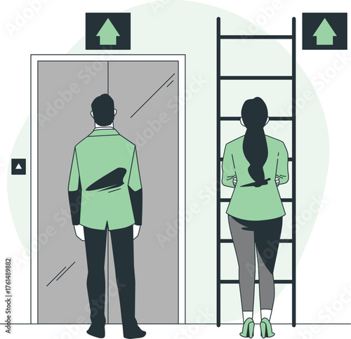 Man and woman facing elevator and ladder with upward arrows vector illustration