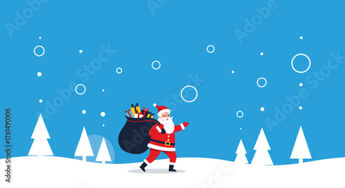 Santa Claus delivering gifts through a snowy winter landscape with Christmas trees.