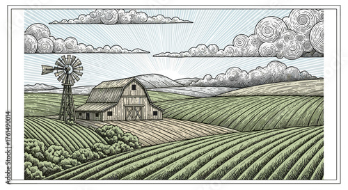 Rural landscape, panoramic format with a farm with and agricultural fields around.