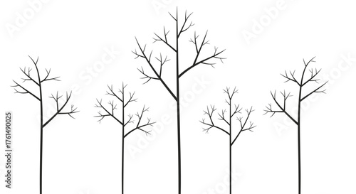 A minimalist depiction of bare deciduous trees standing in a row against a white background.