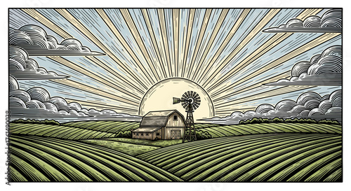 Rural landscape, panoramic format with a farm with and agricultural fields around.