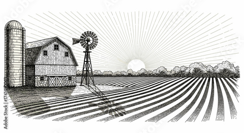 Rural landscape, panoramic format with a farm with and agricultural fields around.