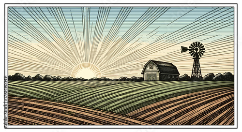 Rural landscape, panoramic format with a farm with and agricultural fields around.