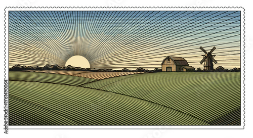 Rural landscape, panoramic format with a farm with and agricultural fields around.