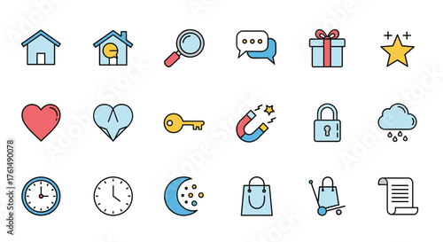 A collection of universal icons representing various aspects of daily life and digital interactions.