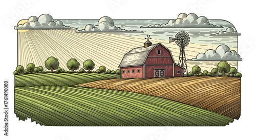 Rural landscape, panoramic format with a farm with and agricultural fields around.