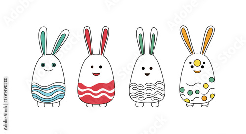 Four cute hand drawn egg shaped bunnies with patterned bodies and long ears greeting.