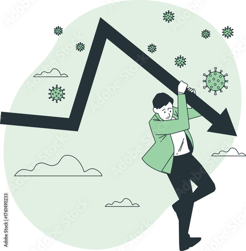 Man struggling to hold back a falling stock market graph with coronavirus symbols Keywords: stock market crash, economic recession, financial crisis, business decline, coronavirus pandemic, virus