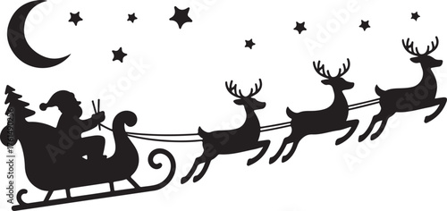 Santa's sleigh with reindeer flies across the sky.Vector silhouette.Template for laser, paper cutting, printing on T-shirts, mugs. Christmas illustration