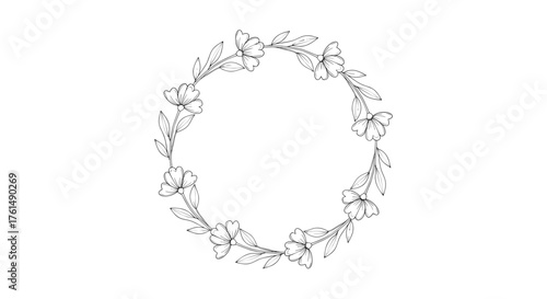 A delicate floral wreath illustration with tiny blossoms and leaves arranged in a circular pattern on a white background.
