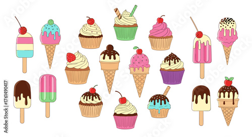 A vibrant collection of frozen desserts including ice cream cones cupcakes and popsicles is displayed.